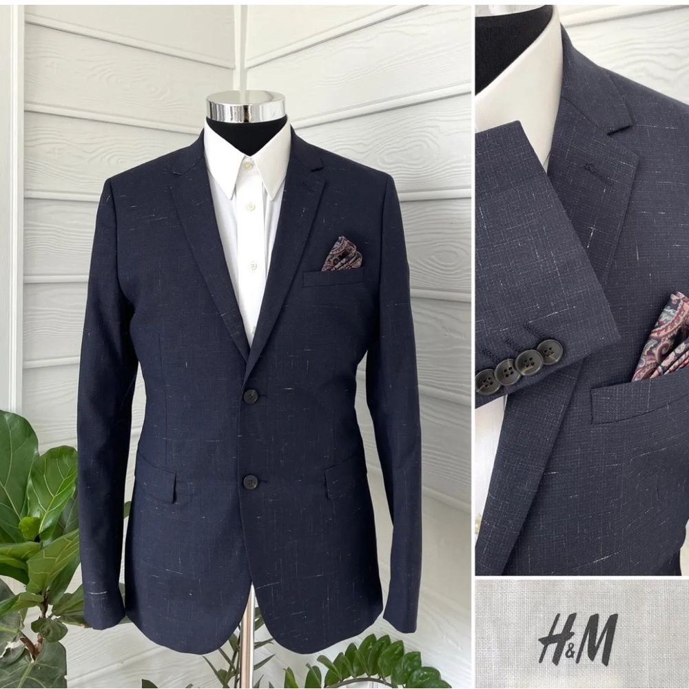 H&M Mens Two Button Slim Fit Blazer Wool Poly Blend Sport Coat Jacket